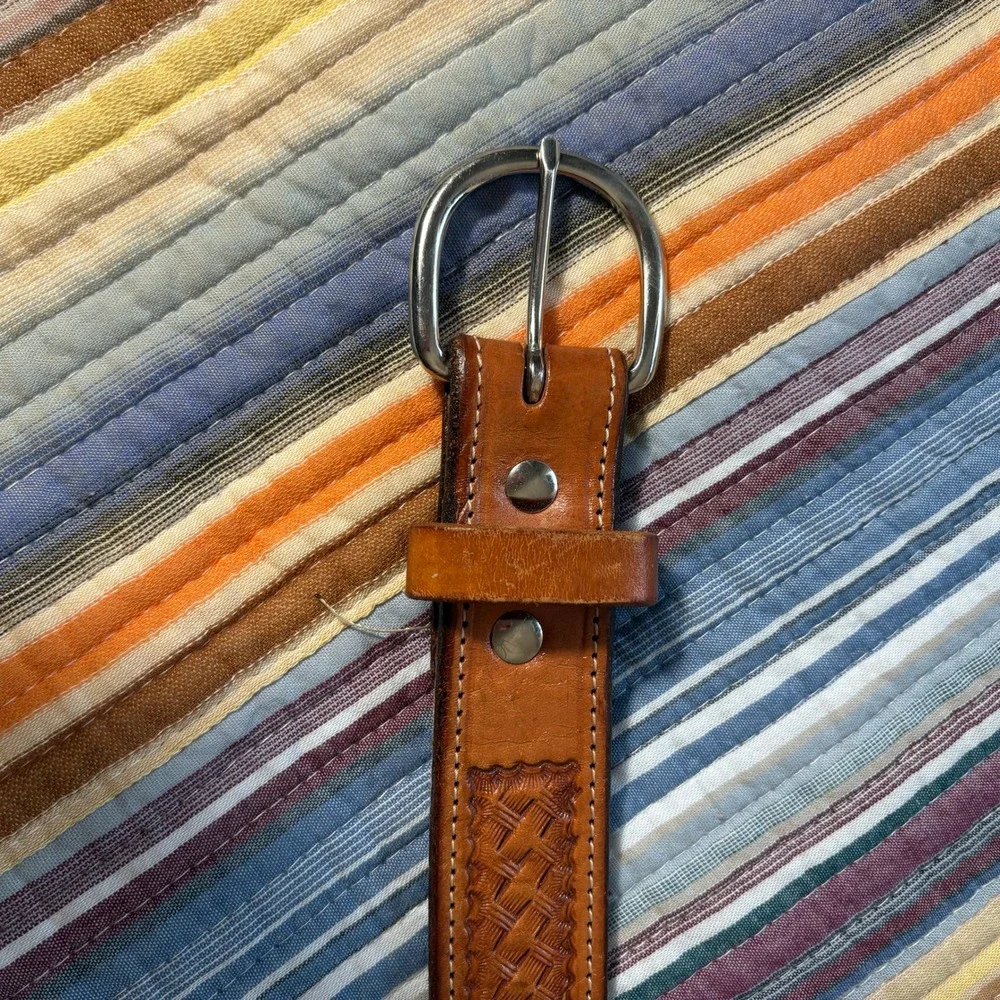 Vintage Basketweave Tooled Leather Belt Mens 38 Brown Western Boho Mexico Buckle